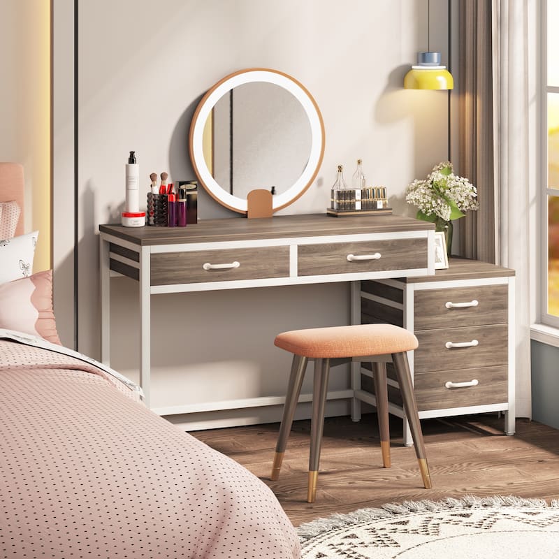 Reversible Computer Desk with 5 Drawers, Home Office Desk with File Cabinet Drawer Printer Stand