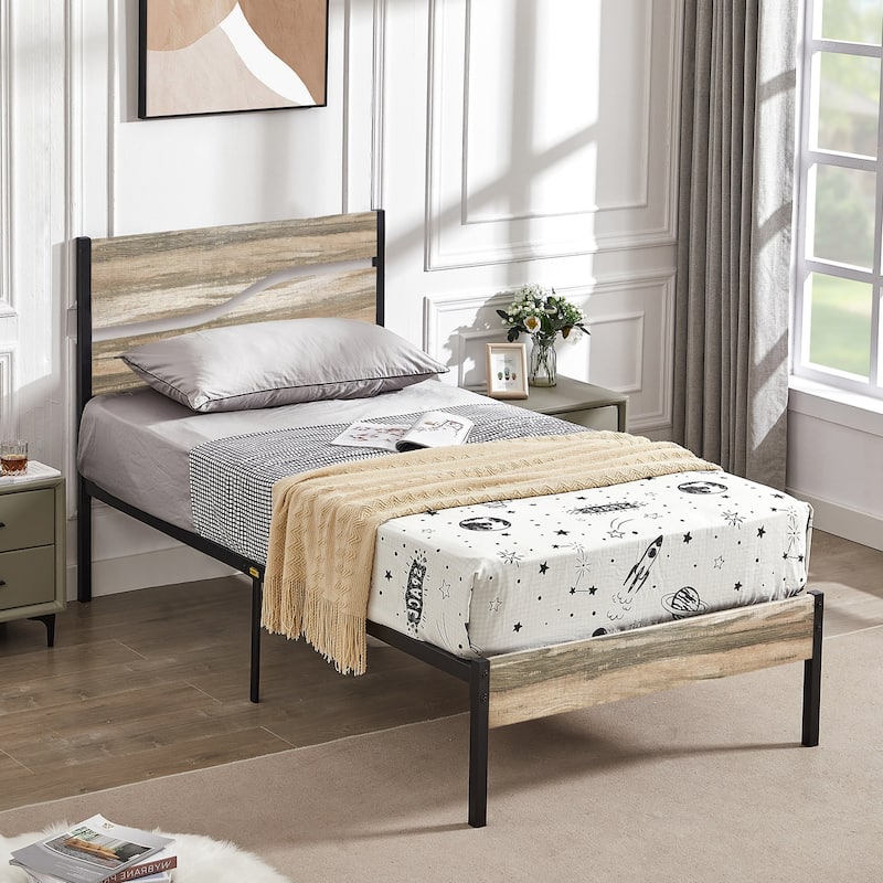 VECELO Beds Industrial Platform Bed Frame with Wood Headboard,Easy Set up