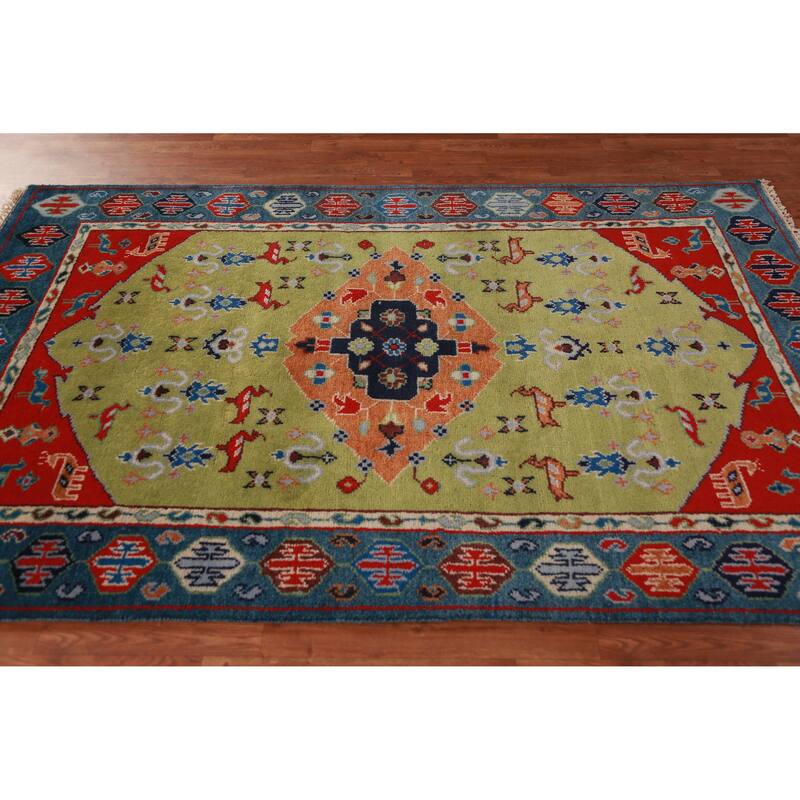 Animals Green Kazak Oriental Area Rug Handmade Wool Carpet - 4'10" x 7'7"
