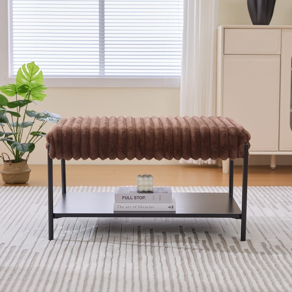 Modern Faux Fur Upholstered Bench with Open Storage Shelves, Metal Frame Shoe Bench Ottoman for Entryway, Bedroom