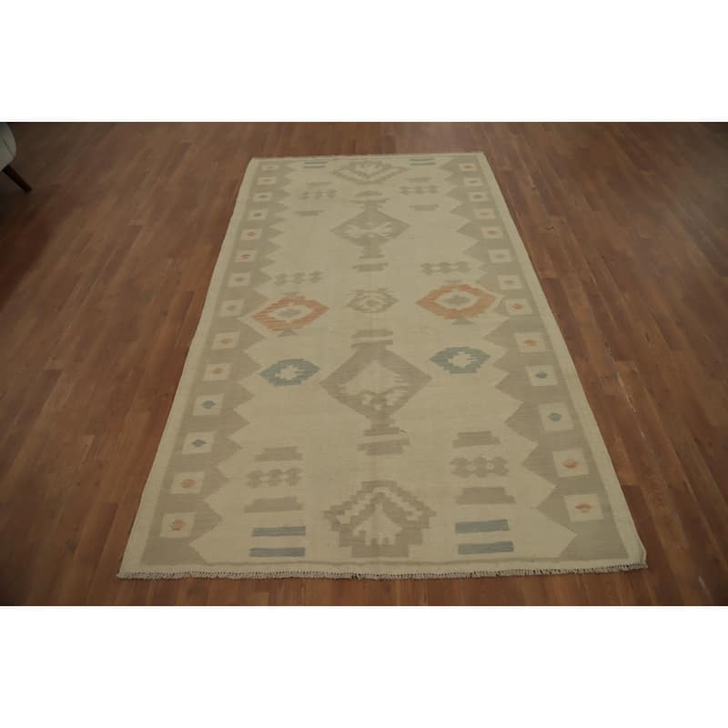 Hand Woven Oriental 100% Wool Carpet Southwestern Tribal Beige & Ivories Kilim Area Rug - 8' 0'' X 4' 9''