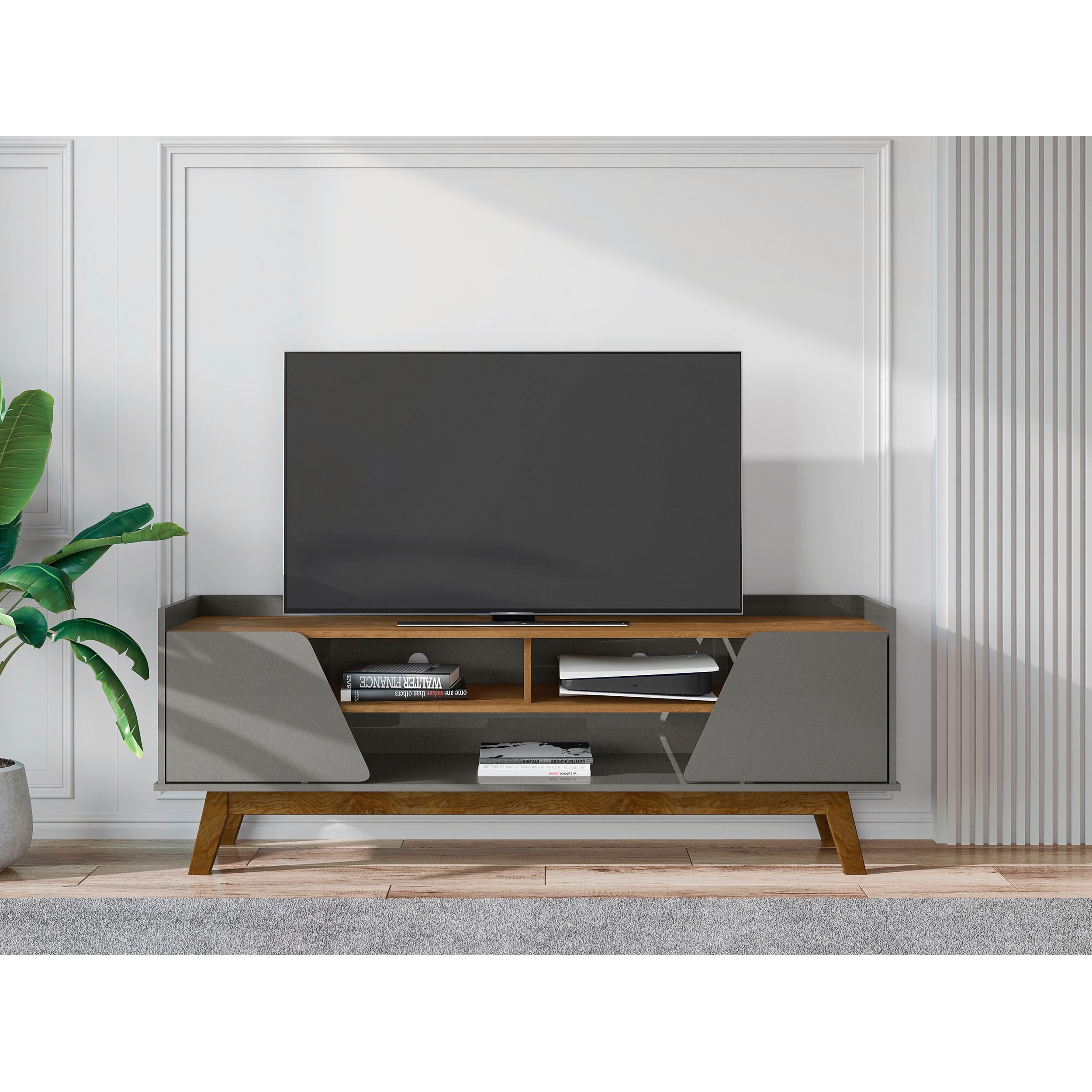Mid-Century Modern TV Stand with Soft Close Doors, 5 Fixed Shelves, and Cable Management for 65 Inch TVs