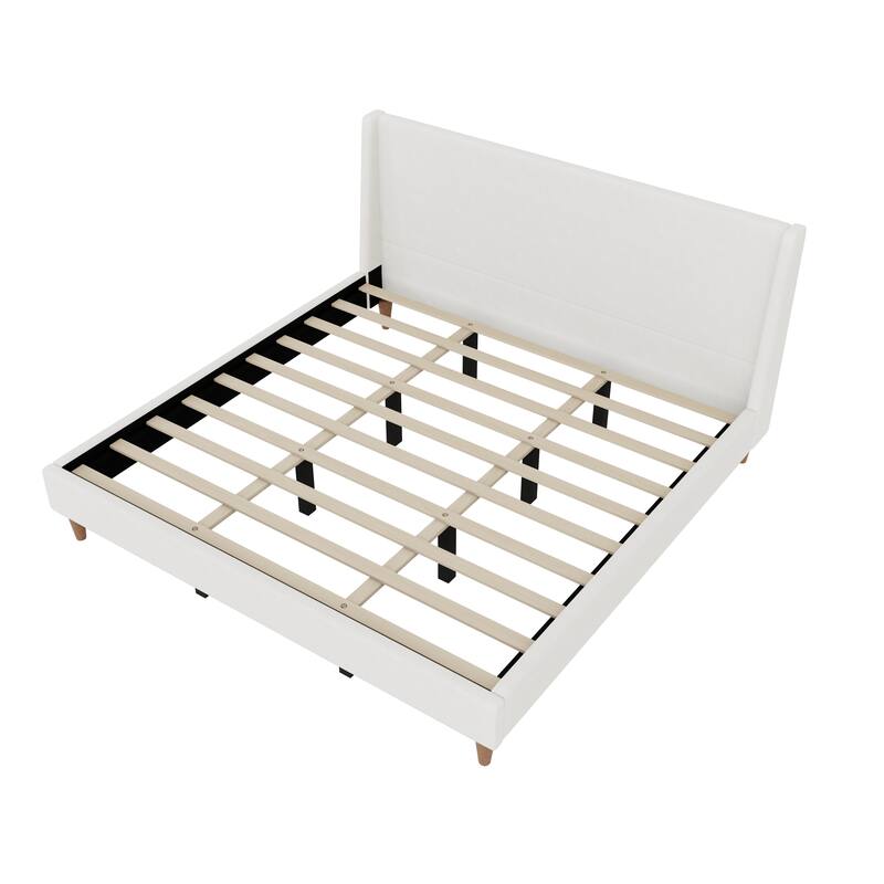 Wingback Low Platform Bed with Headboard, Round Legs