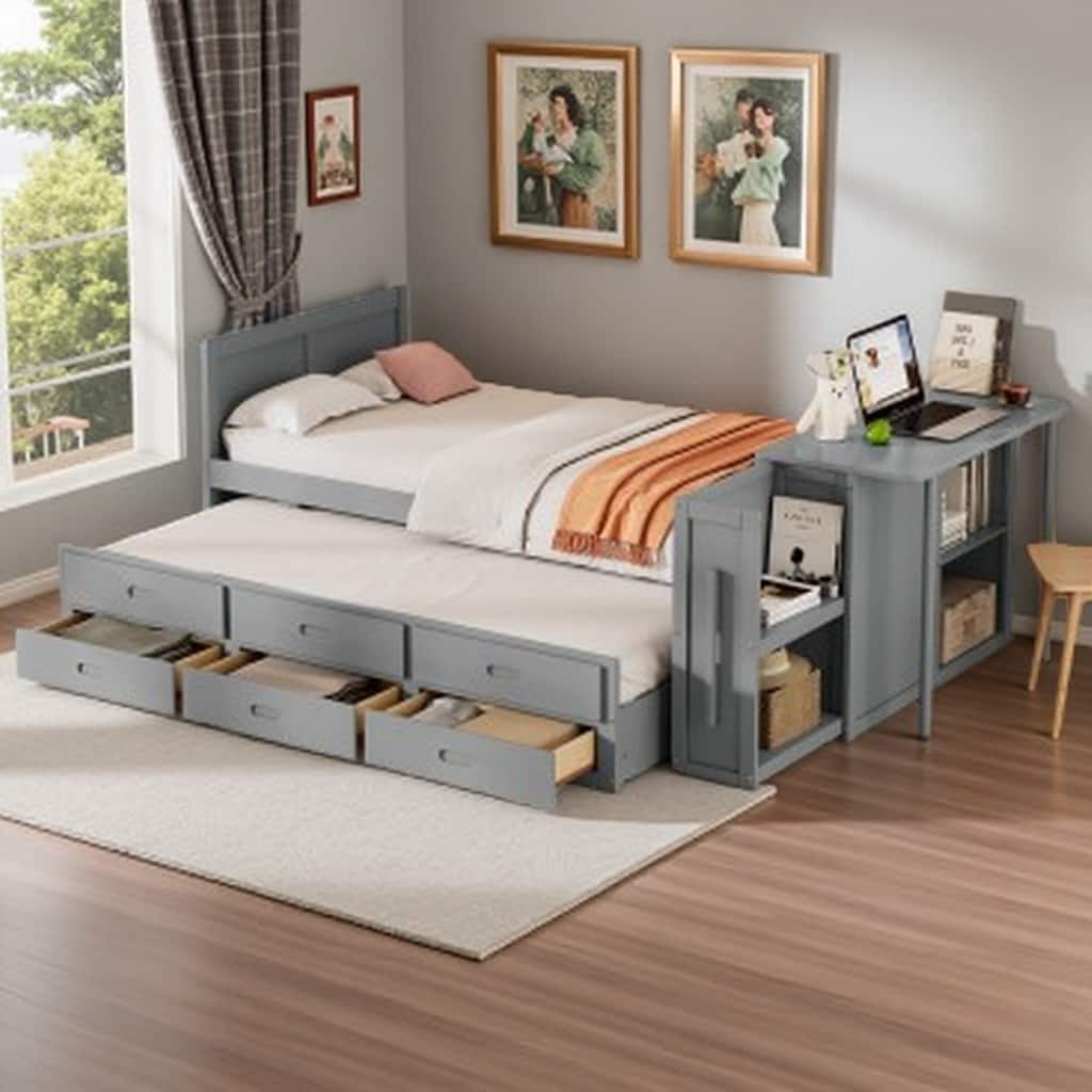 Twin Wood Platform Bed with Pull-Out Trundle, Built-in Desk, End Storage Shelf & 3 Drawers, for Kids or Teens