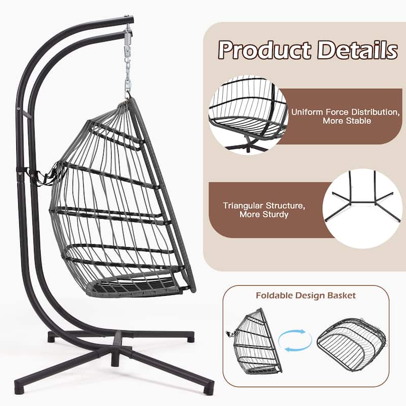 EROMMY Hanging Egg Chair with Stand, Foldable Indoor/Outdoor Swing Chair includes Cushion and Pillow, Patio Wicker Swing