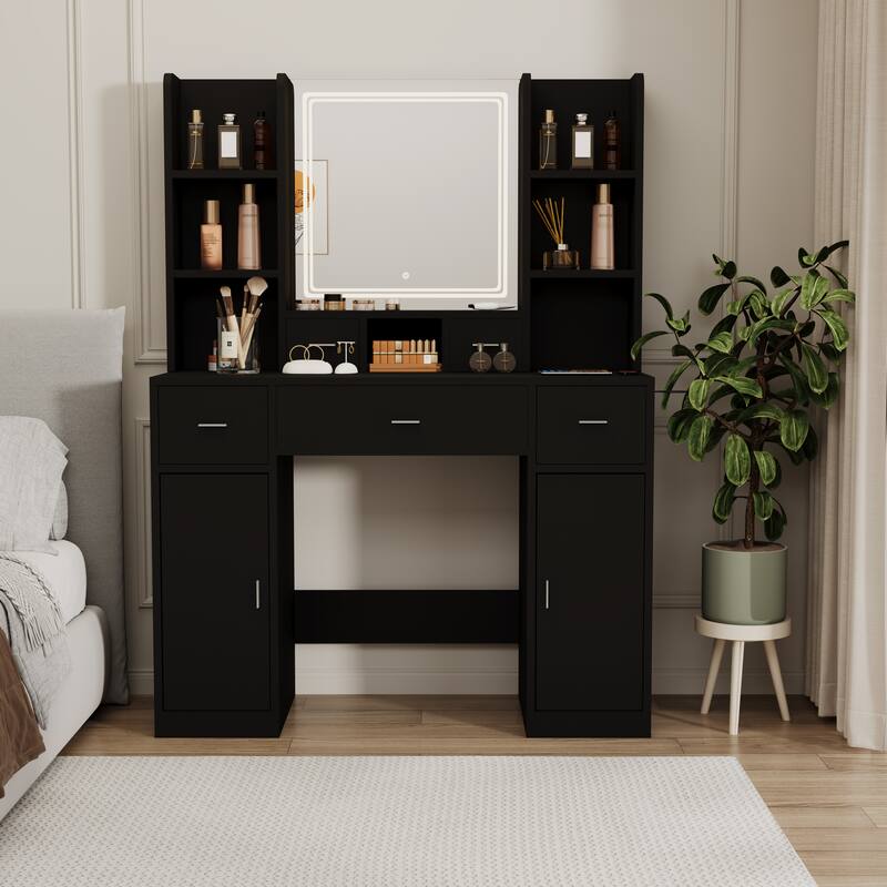 Makeup Vanity Table with Smart Lighted Mirror, Modern Vanity Desk Dressing Table w/ 6 Open Shelves, 2 Hiden Shelves, & 5 Drawers