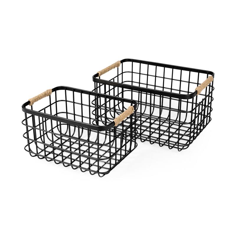 Marius 20.9L x 15.2W x 12.2 Set of Two Matte Black Metal W/ Rope Trim Rectangular Baskets - Black
