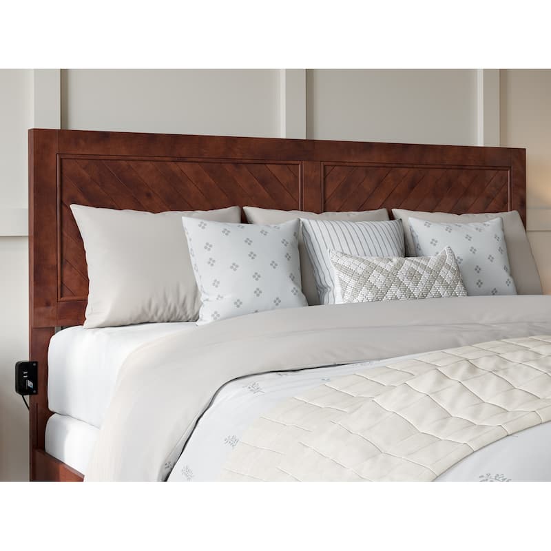 King Bed Frame with Footboard - Modern Farmhouse Bed - Walnut Finish - Slat Support - USB Charging Port