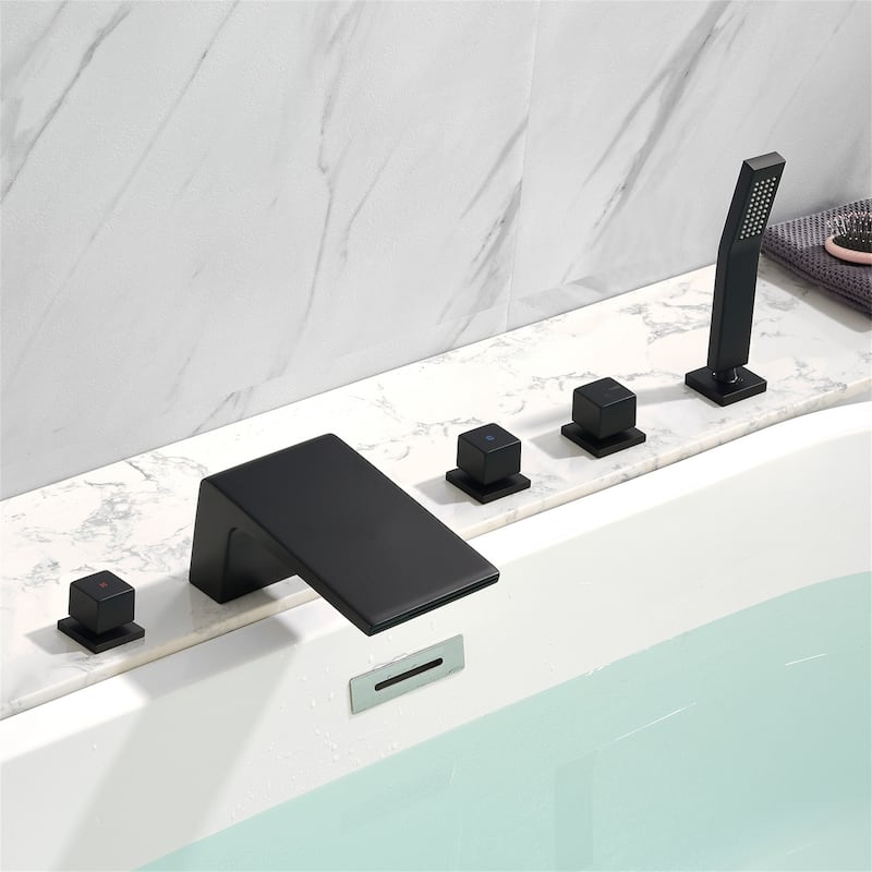 Deck Mount Waterfall Tub Faucet With Hand Shower Brass Roman Bathtub Faucet Modern Tub Filler With Sprayer