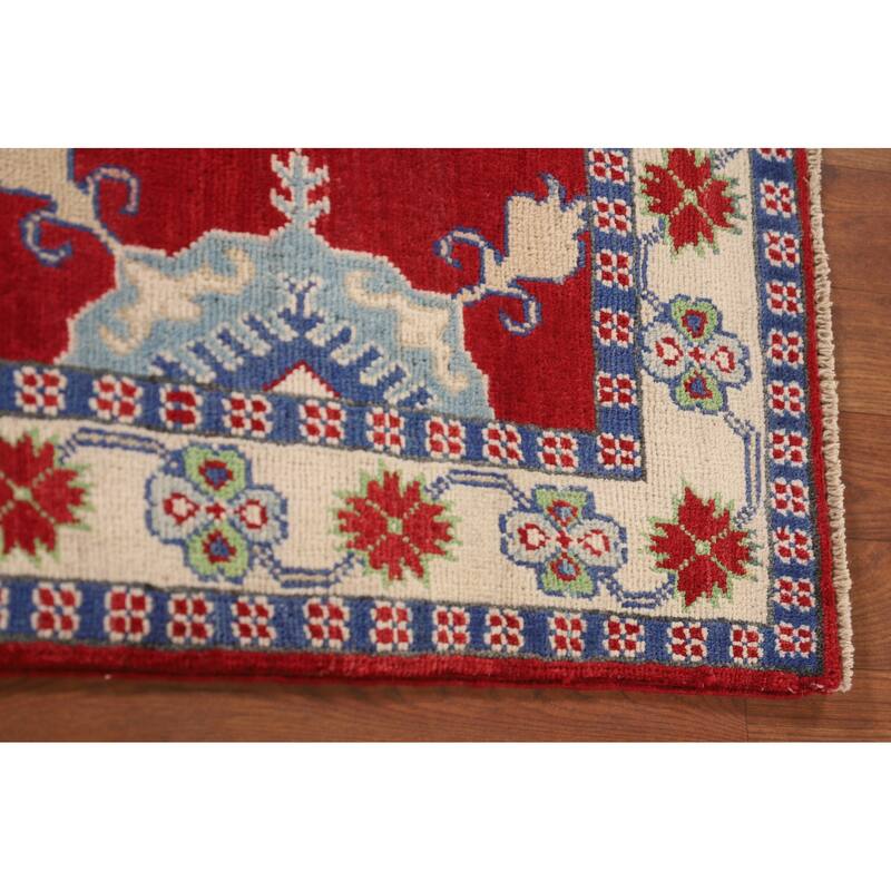 Red Kazak Rug Handmade Geometric Wool Carpet - 3'5"x 5'1"