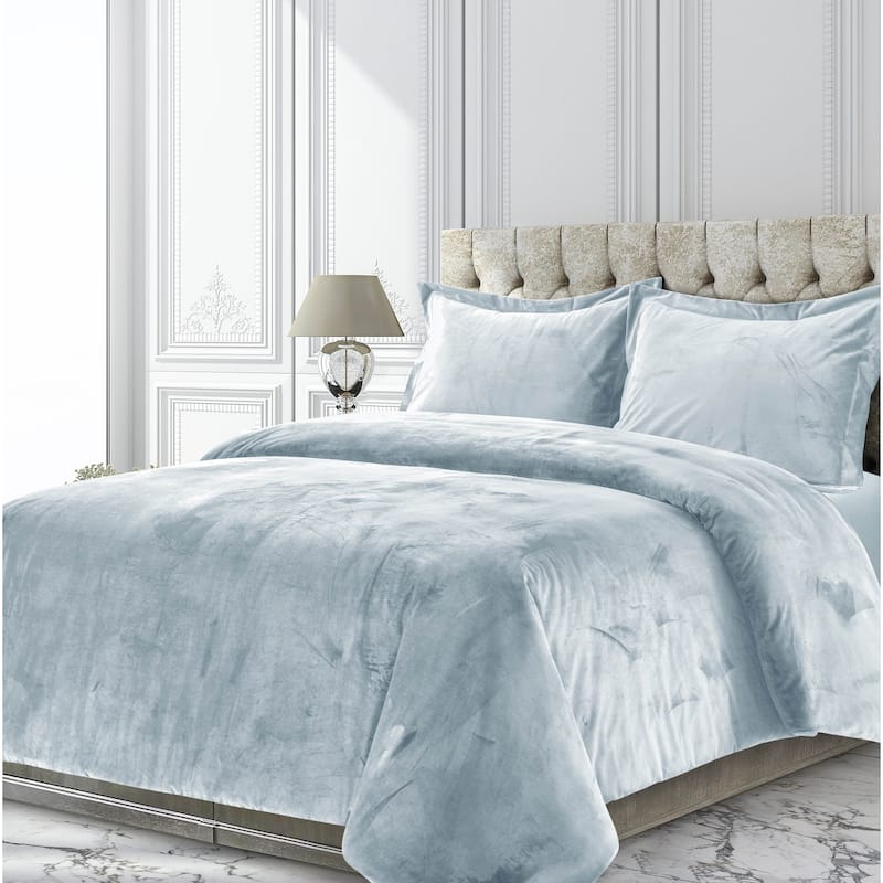 Venice Velvet Oversized Solid Duvet Cover Set - Queen - haze blue