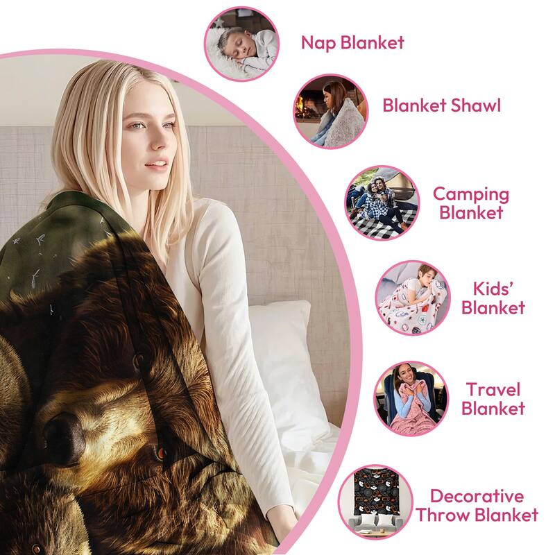 Bear Flannel Fleece Throw Blanket, Wild Animal All Season Bed Blanket for Bed Sofa Couch