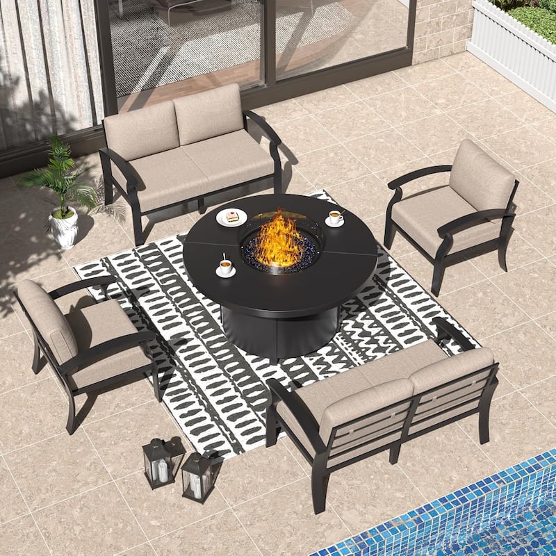 Patio Aluminum Sofa with Armrests, Outdoor Conversation Set with Round Fire Pit Table 5inch Thick Seat Cushions