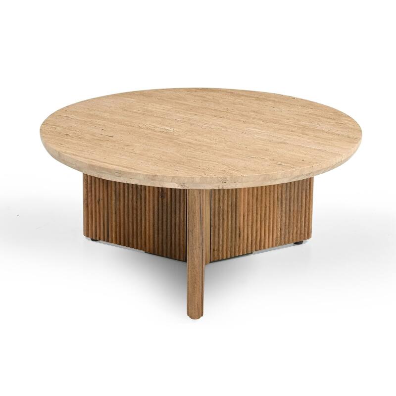 Modrest Pawnee Modern Travertine Marble & Wood Round Coffee Table