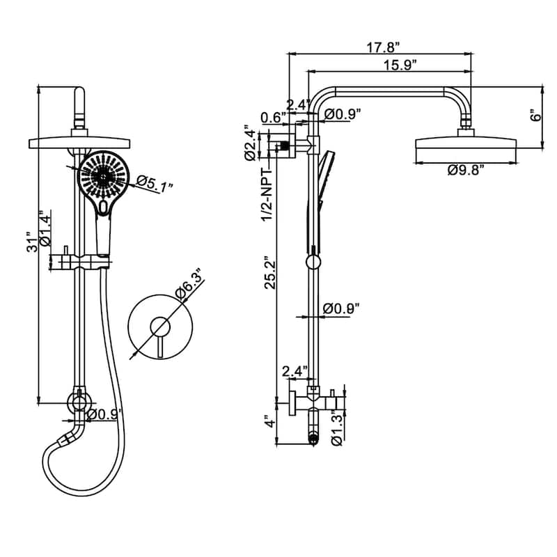 Wall Mount Shower System with Handheld Shower Rainfall Shower Faucet with Rough-in Valve in Matte Black