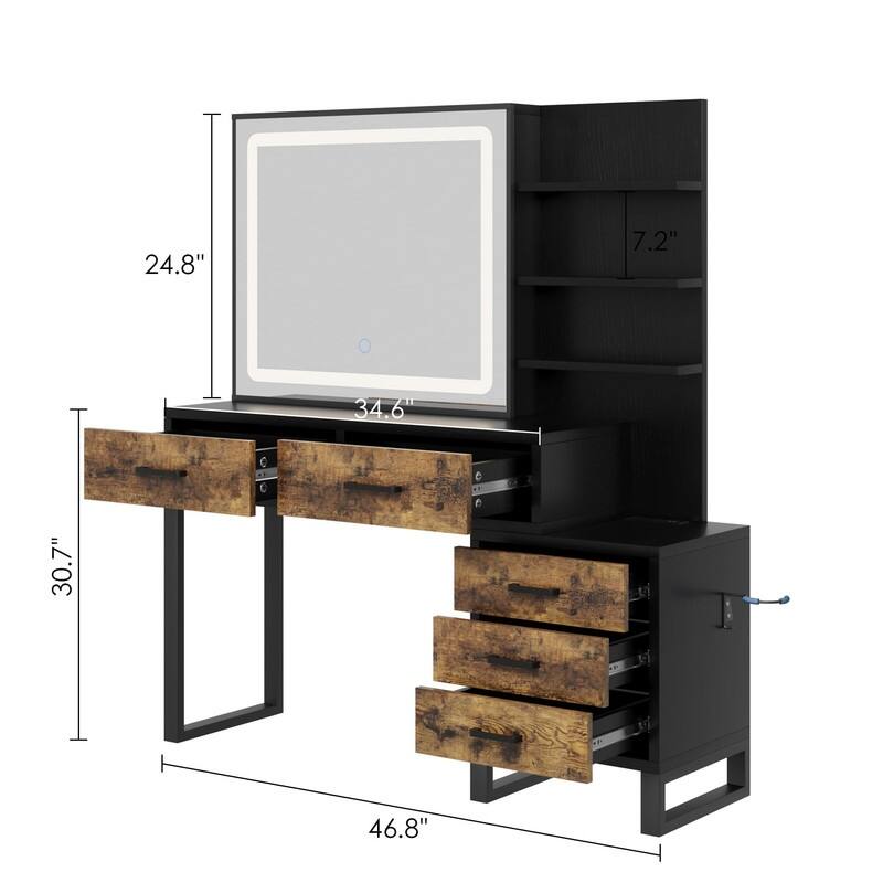 Vanity Desk with Sliding LED Mirror and Charging Station, 5 Drawers, 3 Shelves