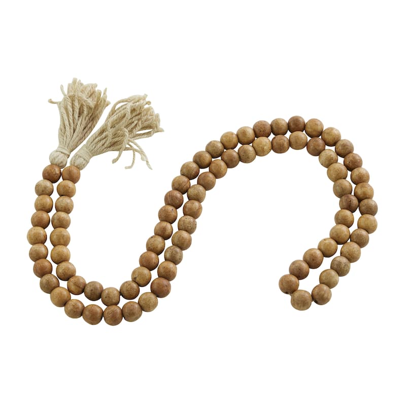 Mango Wood Handmade Round Long Carved Beaded Garland with Tassel - Roche River Decor