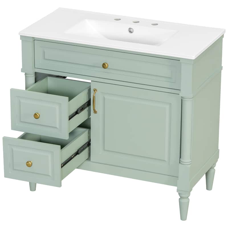 Roomfitters 36" Bathroom Vanity with Sink, Solid Wood Frame, Flip Drawer, 2 Drawers & Door Rack