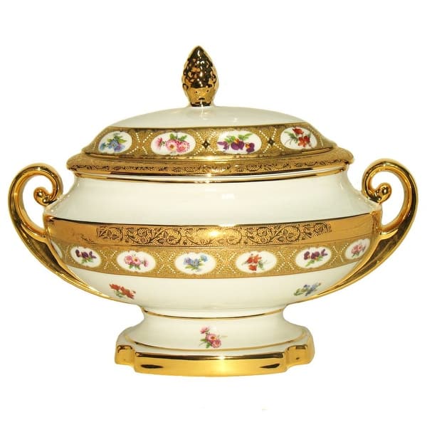 Limoges Porcelain Soup Tureen, White with Gold Band 10 x 12.5 Inch