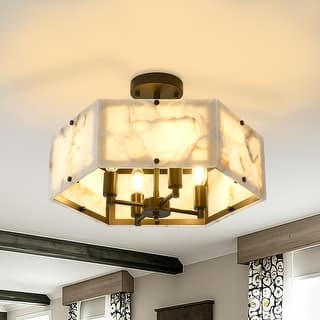 4 - Light Mid - Century Modern Alabaster - Look Octagonal Semi Flush Mount - Matte Black