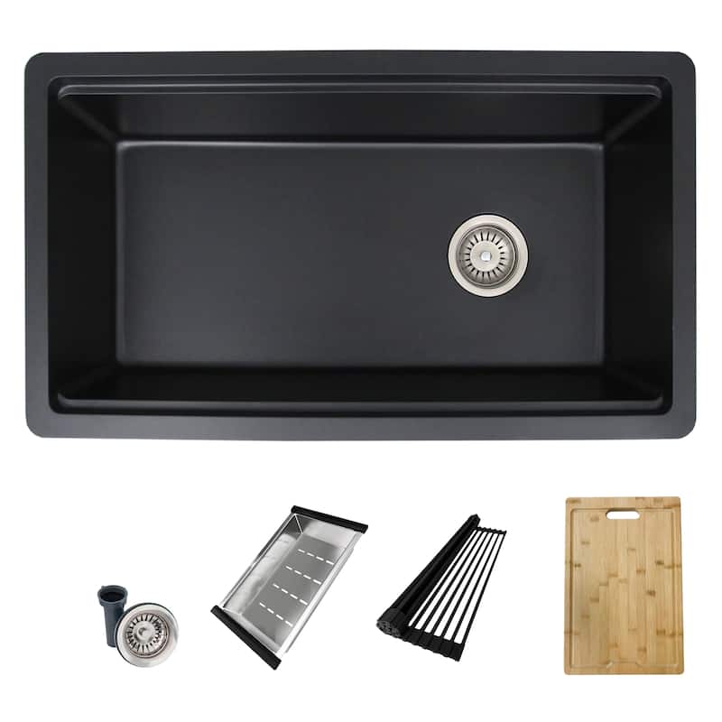 Dual mount 32 inch Black Composite Granite Single Bowl Workstation Kitchen Sink - Grey