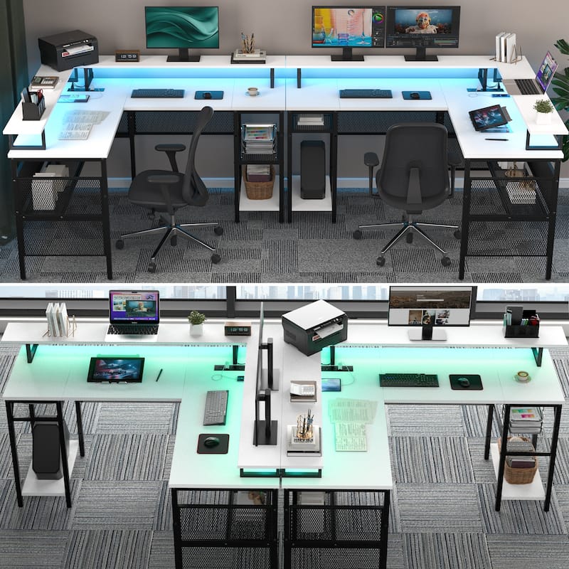 L Shape Computer Desk Reversible Gaming Desk with Charge Station and LED Light