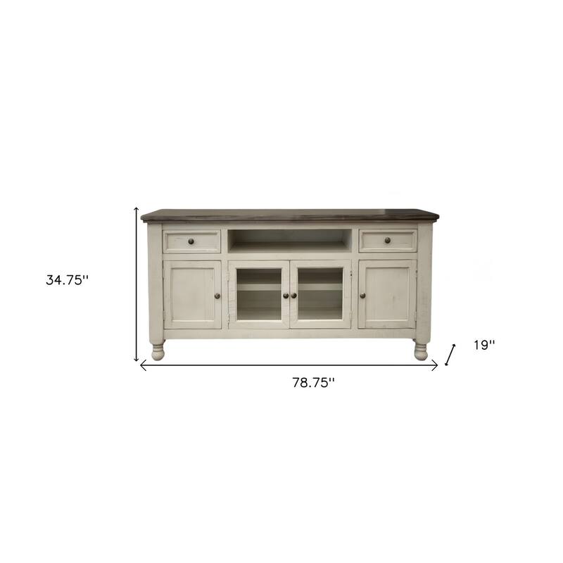 HomeRoots 79" Ivory Solid Wood Open shelving Distressed TV Stand - 78.75' X '34.75' X '19