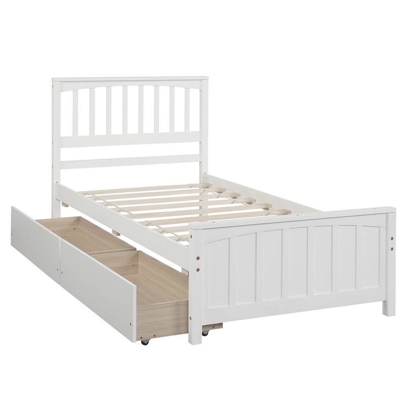 Twin Size White Platform Bed with Two Drawers, Sturdy Pine Wood Frame