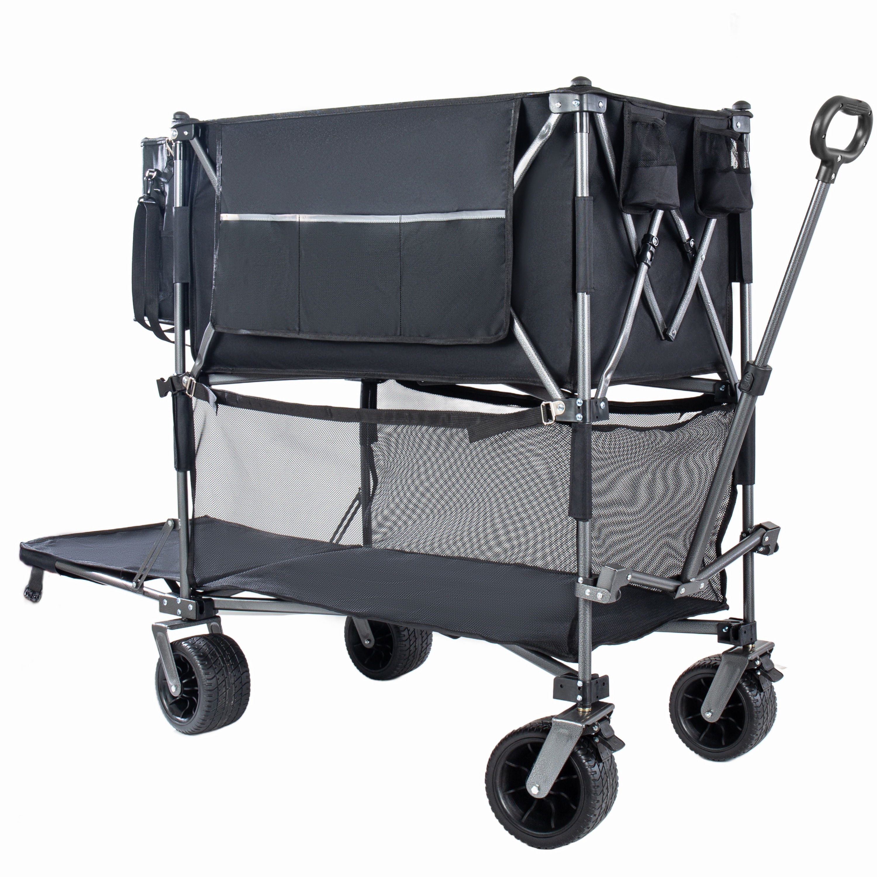 55" Heavy Duty Double-Layer Wagon with Brakes,560LBS Double Decker Wagon, 650L Collapsible Carts with 7"x4"All-Terrain Wheels