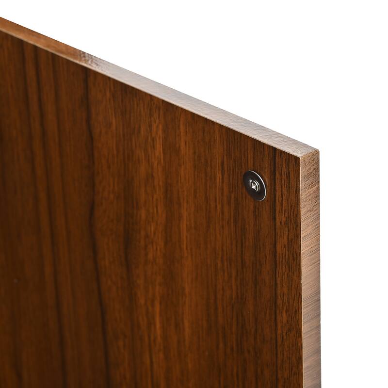 Modern Solid Wood Sideboard with Wave Relief Design, Large 4 Door Storage Cabinet Walnut Texture Buffet Sideboard