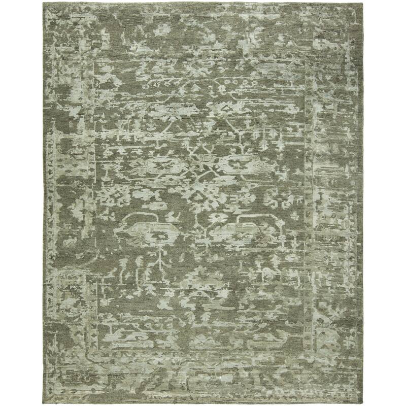 Transitional Grey Hand-Knotted Wool & Viscose Area Rug - 8' x 10' - Grey