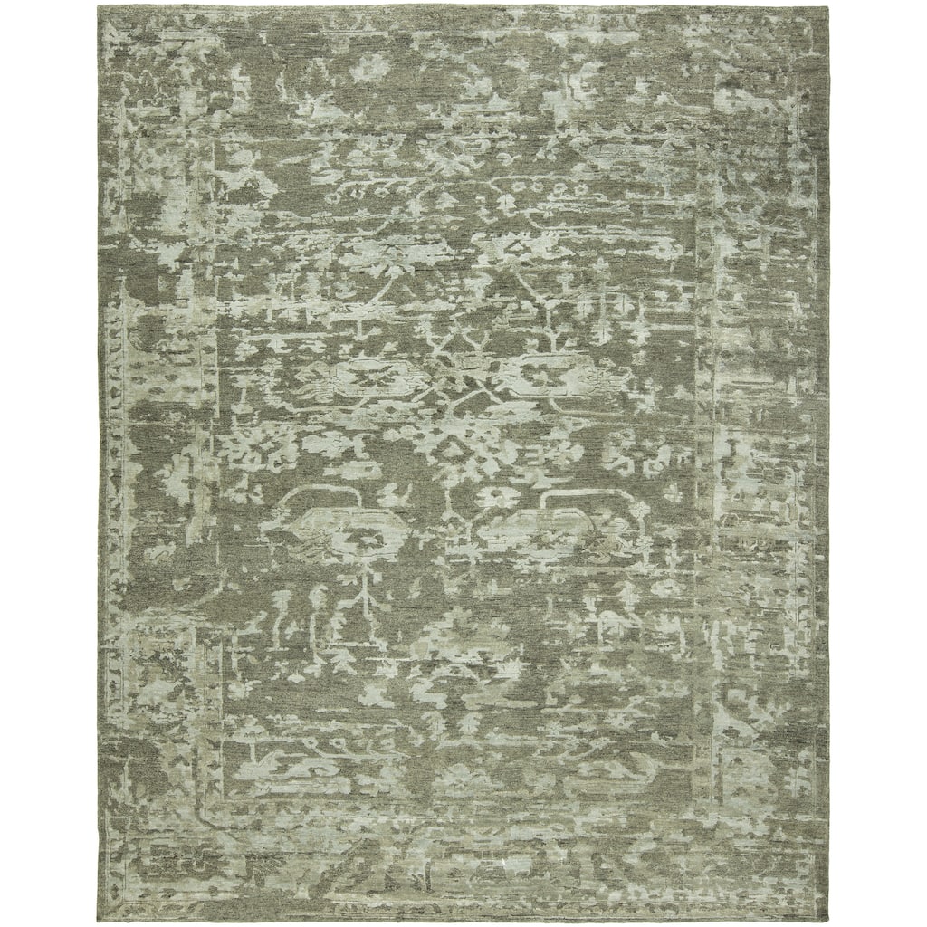 Transitional Grey Hand-Knotted Wool & Viscose Area Rug