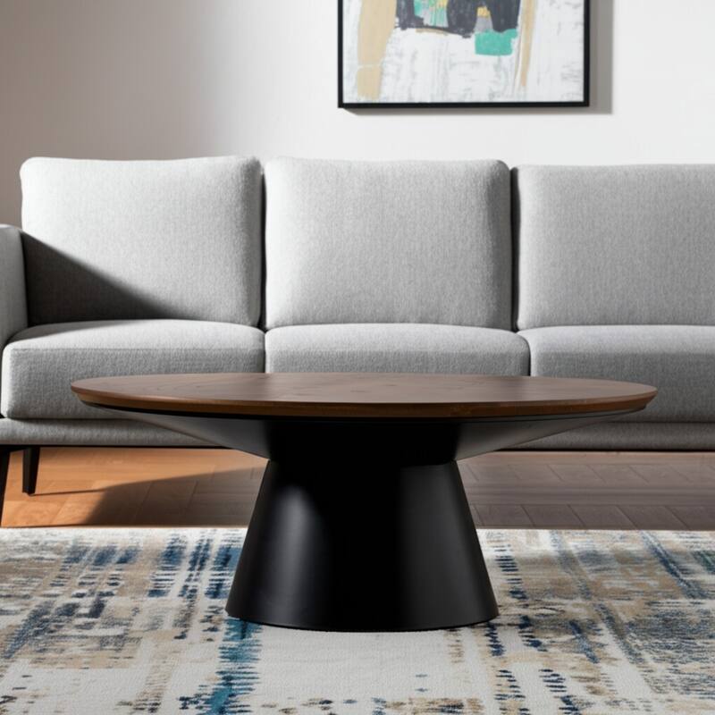 HomeRoots 40" Brown and Black Solid Wood and Iron Round Pedestal Coffee Table - 40' X '16.5' X '40 - Brown