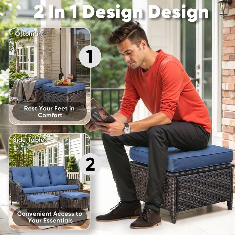 2 Wicker Ottomans Multipurpose Outdoor Footrest