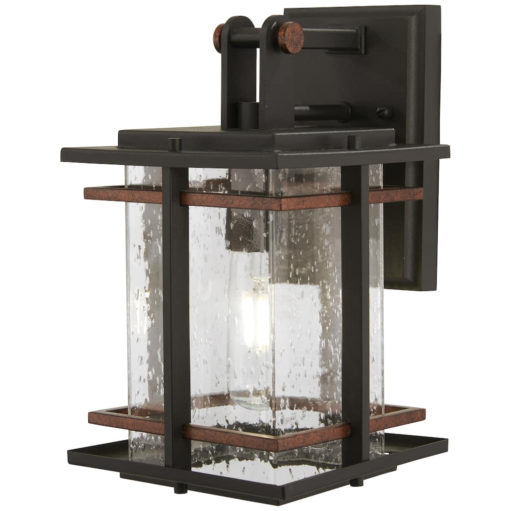 Minka-Lavery San Marcos 1-light Outdoor Wall Light-Transitional, Coal Black with Antique Copper Accents, Clear Seeded Glass
