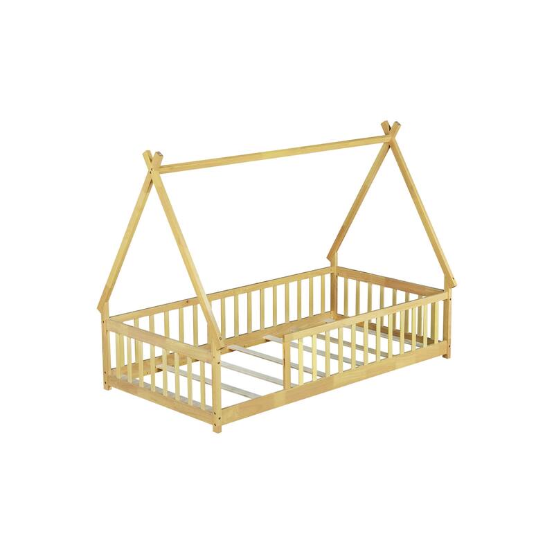 Twin Tent-shaped Floor Bed,Teepee Bed with Guardrails