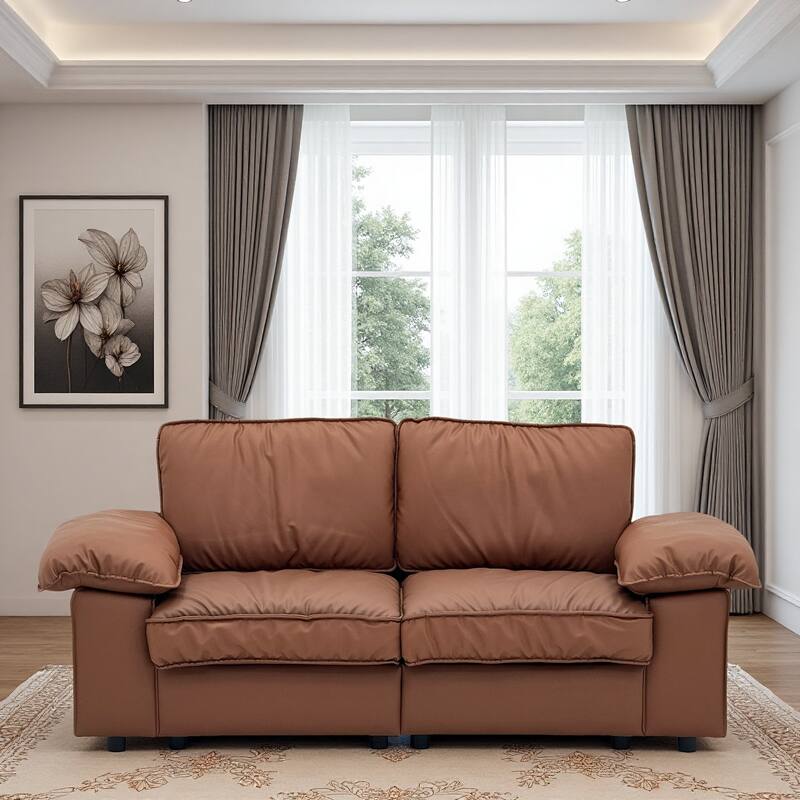 Leather Compact Sofa Couch with Hidden Storage, Minimalist 2-Seater Loveseat Sofa Couch with Pillow Armrests - Brown
