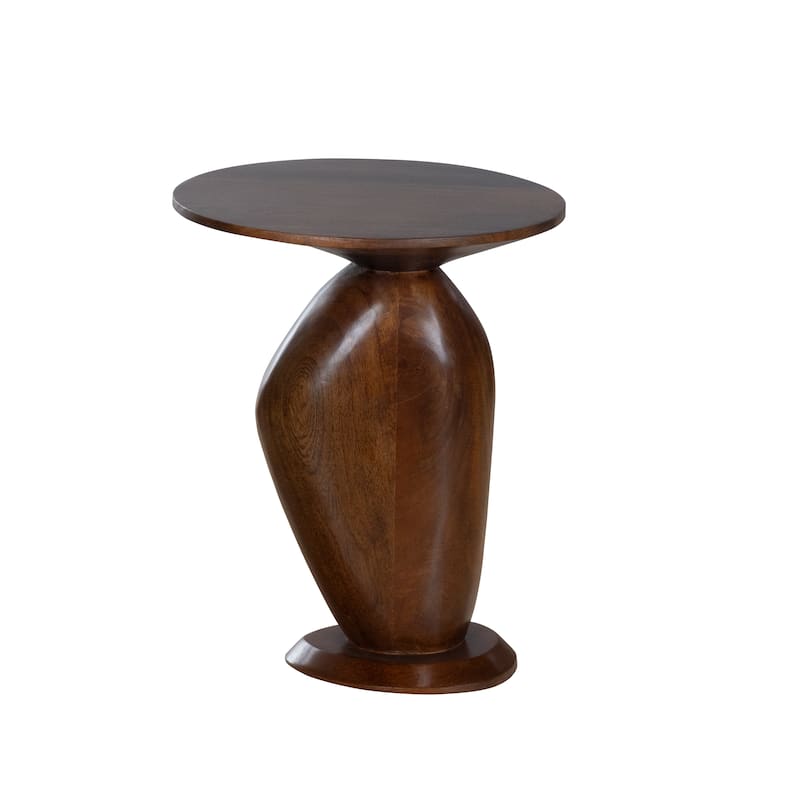 Round Mango Wood Side Table - Sculpted Pedestal Base Accent Table in Rich Stained Finish