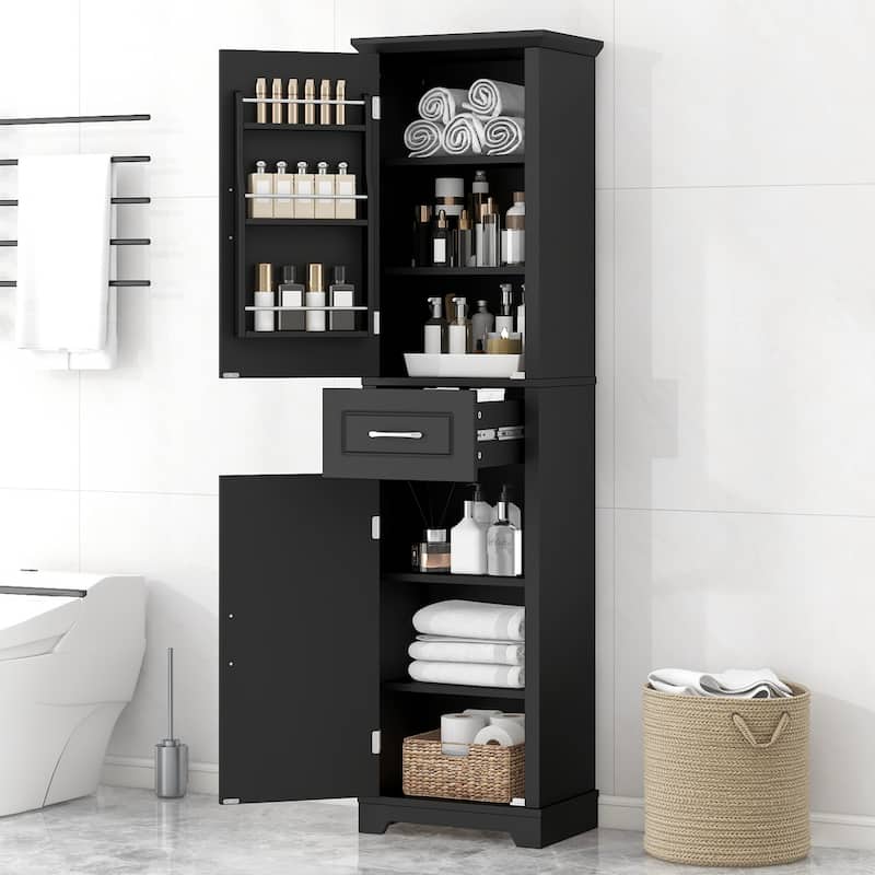 GDF Studio - Peter Modern MDF Tall Bathroom Storage Cabinet with Adjustable Shelves and Two Doors - Black