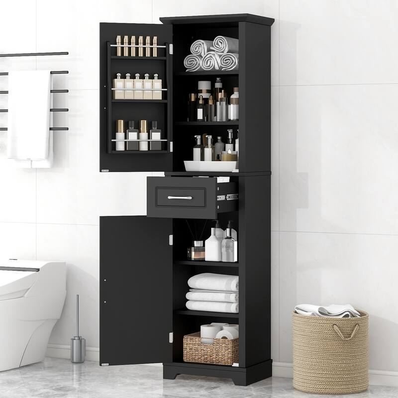 Tall Bathroom Storage Cabinet, Freestanding Storage Cabinet with Two Doors and Adjustable Shelves, Door Shelve Design - Black