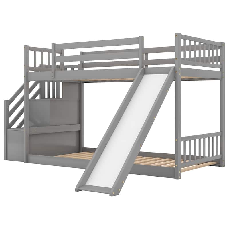 Convertible Twin Bunk Bed with Slide and Stairway, Space-Saving Design, Gray