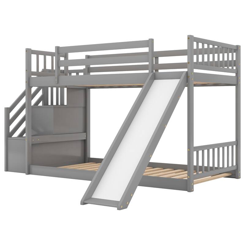 Twin Over Twin Bunk Bed with Slide and Stairway, Space-Saving Design