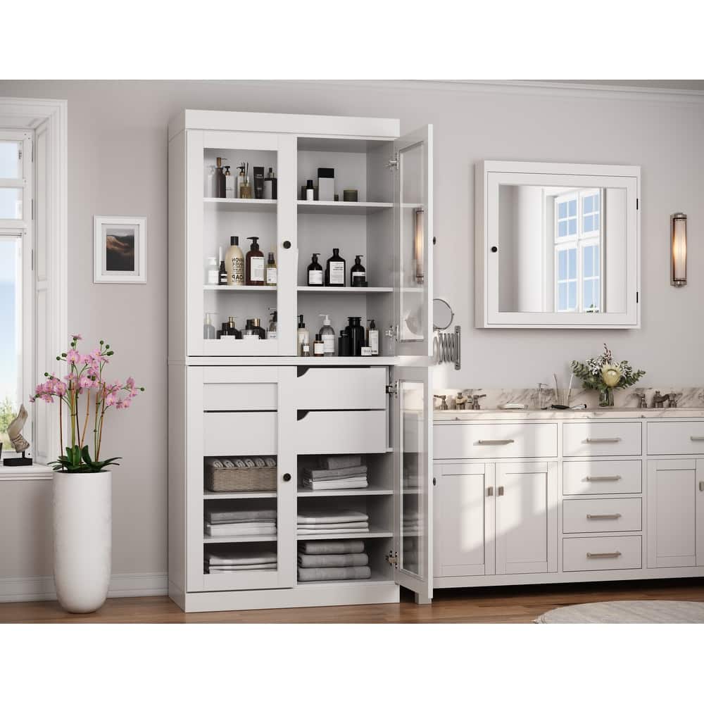 Palace Imports 100% Solid Wood Bathroom Storage Cabinet, Clear Glass Doors, 2 Drawers, Adjustable Shelves, 32" Wide, 71.5" Tall
