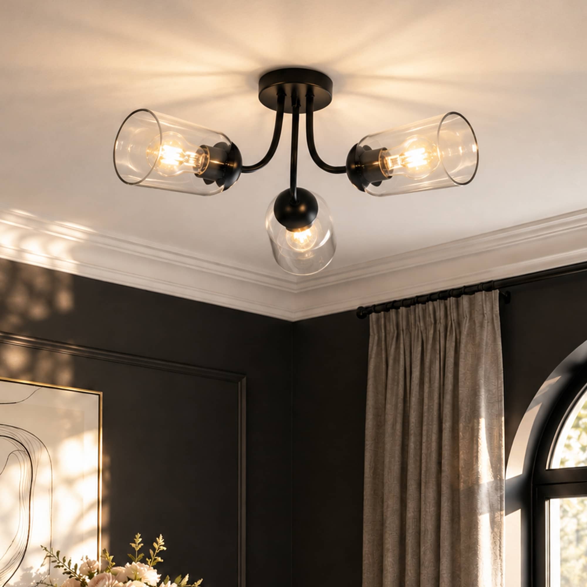 Mid-Century Modern 3-Light Matte Black Semi-Flush Mount Ceiling with Clear Glass Shade - 22