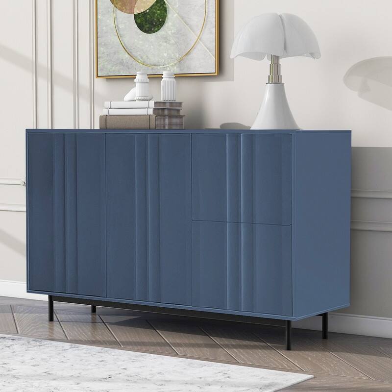 Wave Pattern Buffet Storage Cabinet with 2 Doors and 2 Drawers, Sideboard Cabinet Table with Adjustable Shelf - Navy Blue