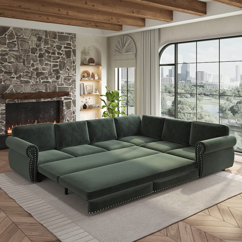118" L-Shaped Sofa Couch with Pull-Out Bed with Nailhead Trim & Rolled Arm - 118"L x 86.6"W x 36.3"H