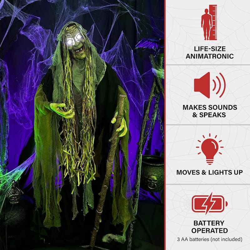 Haunted Hill Farm 5.7-Ft. Life-Size Talking Animatronic Witch with White Eyes
