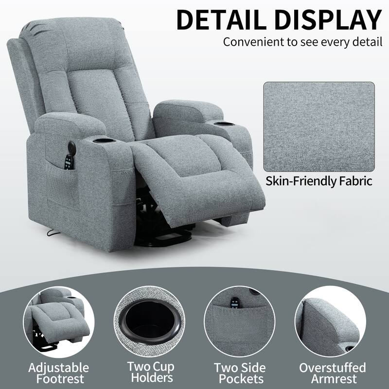 Grey Power Lift Recliner for Elderly with Massage & Heat, USB Charging Ports, Cup Holders, and Adjustable Reclining Positions