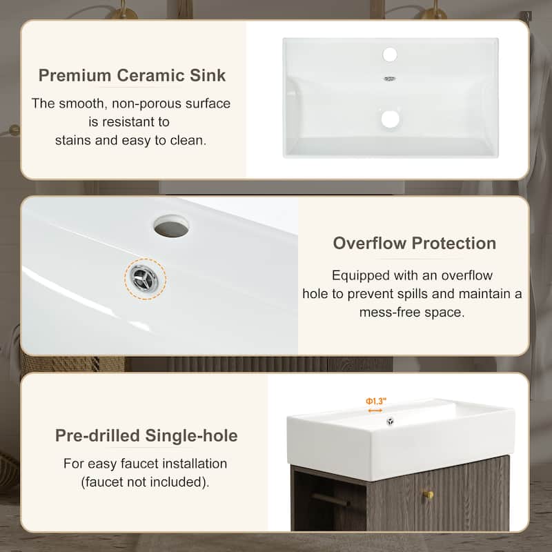 21.6" Bathroom Vanity with Ceramic Sink, Freestanding Wood Grain Cabinet with Soft-Close Door for Small Baths
