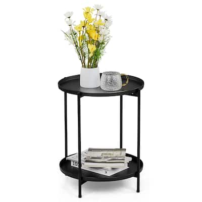 Black Metal 2-Tier Round End Coffee Table with Removable Trays and Adjustable Feet for Home or Patio - 17.3” x 17.3” x 20.5”